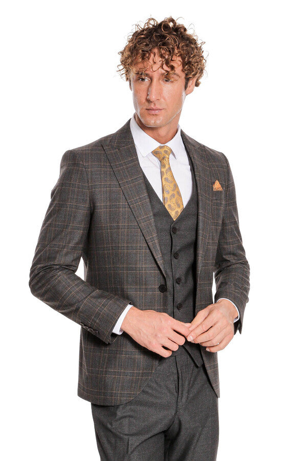 Checked Slim Fit Anthracite Men Suit - Wessi