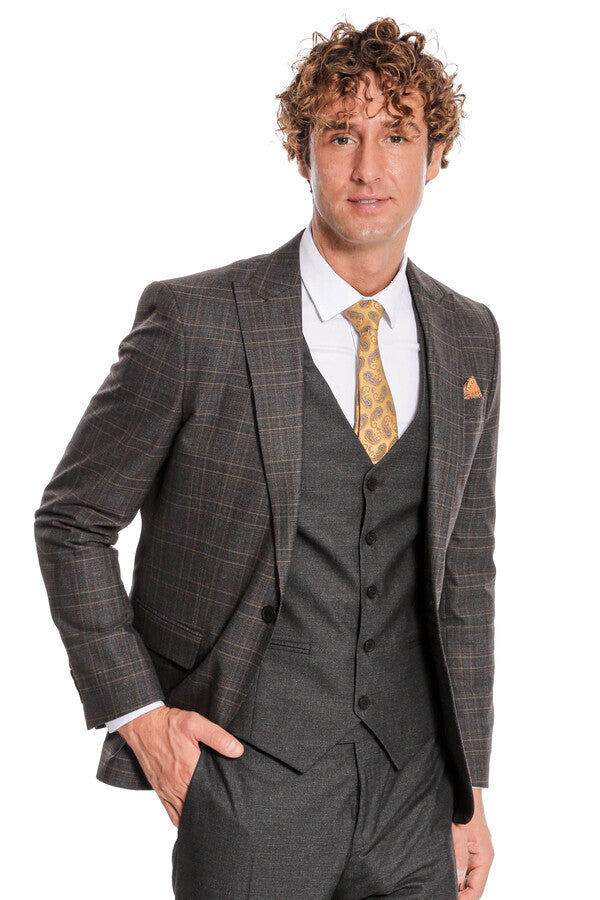 Checked Slim Fit Anthracite Men Suit - Wessi