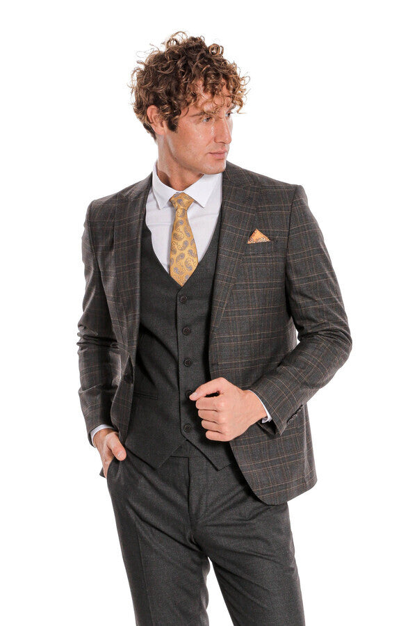 Checked Slim Fit Anthracite Men Suit - Wessi