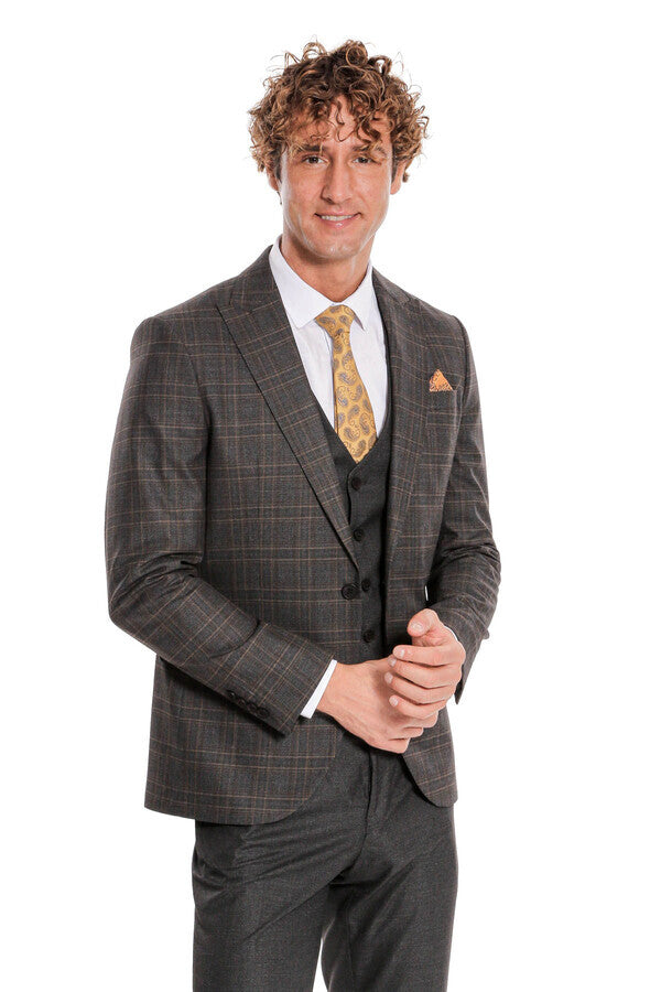 Checked Slim Fit Anthracite Men Suit - Wessi