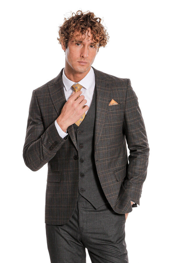 Checked Slim Fit Anthracite Men Suit - Wessi