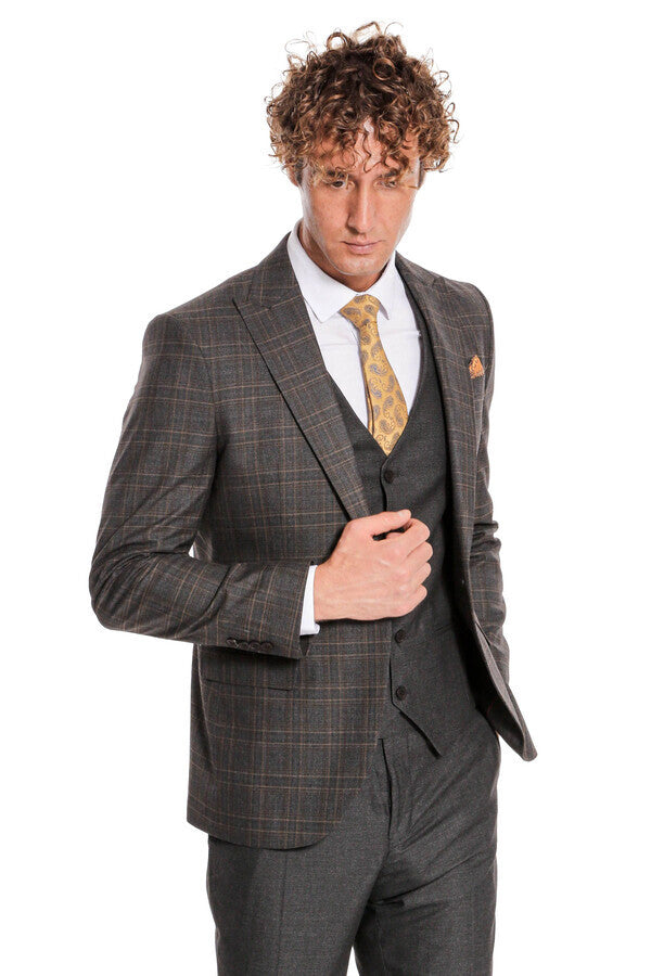 Checked Slim Fit Anthracite Men Suit - Wessi