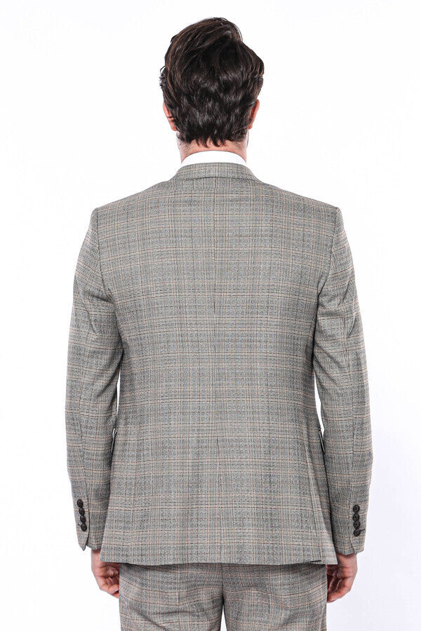 Checked Slim-Fit Cream Men Blazer - Wessi