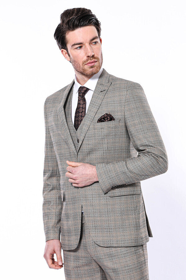 Checked Slim-Fit Cream Men Blazer - Wessi