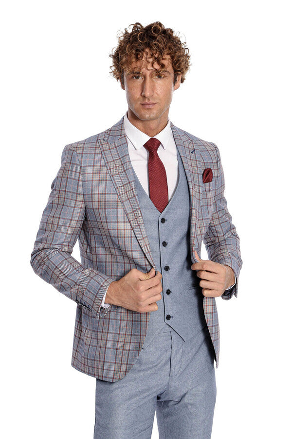 Checked Slim Fit Blue Men Suit - Wessi