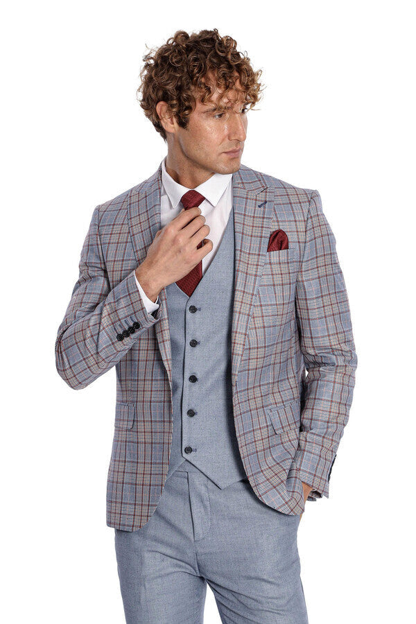 Checked Slim Fit Blue Men Suit - Wessi