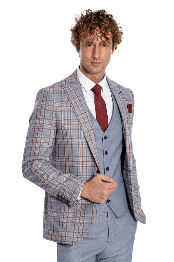 Checked Slim Fit Blue Men Suit - Wessi