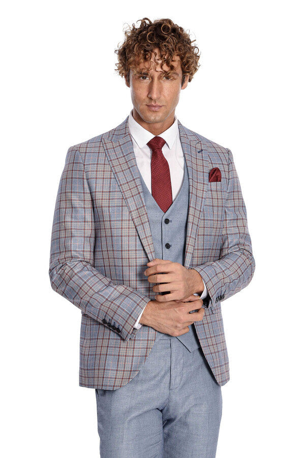 Checked Slim Fit Blue Men Suit - Wessi