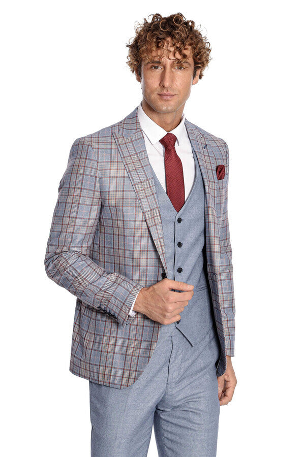 Checked Slim Fit Blue Men Suit - Wessi