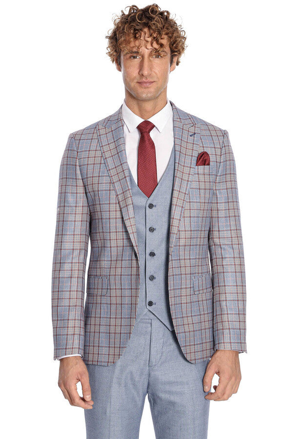 Checked Slim Fit Blue Men Suit - Wessi