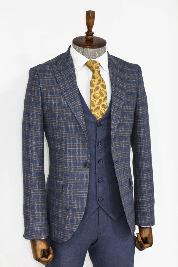 Checked Slim Fit Blue Men Suit - Wessi