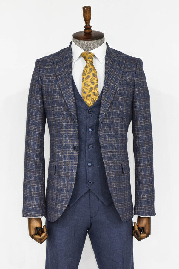 Checked Slim Fit Blue Men Suit - Wessi