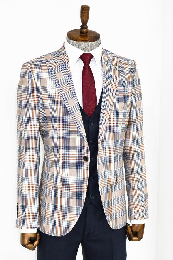 Checked Slim Fit Brown Men Suit - Wessi