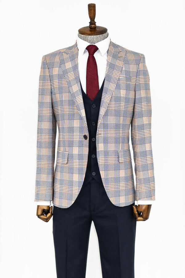 Checked Slim Fit Brown Men Suit - Wessi