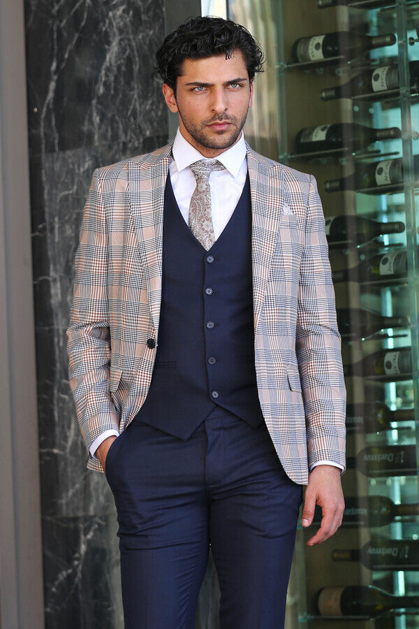 Checked Slim Fit Brown Men Suit - Wessi