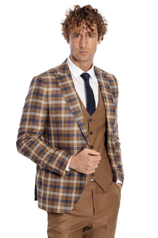 Checked Slim Fit Brown Men Suit  - Wessi