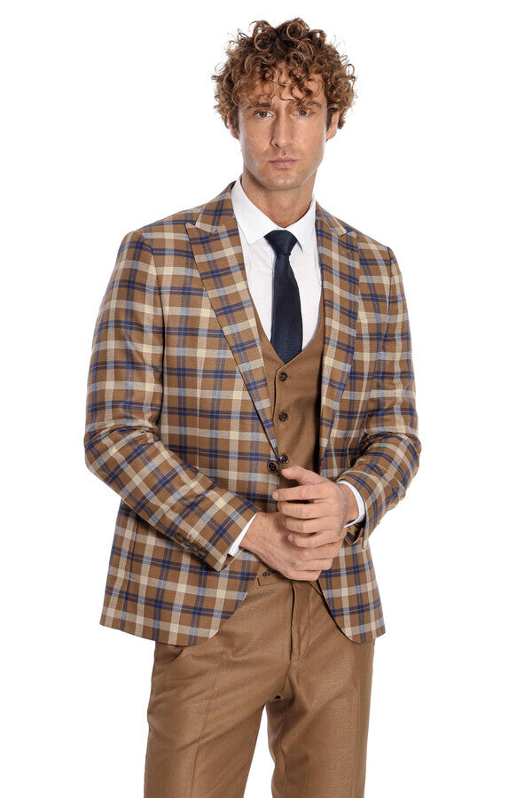 Checked Slim Fit Brown Men Suit  - Wessi