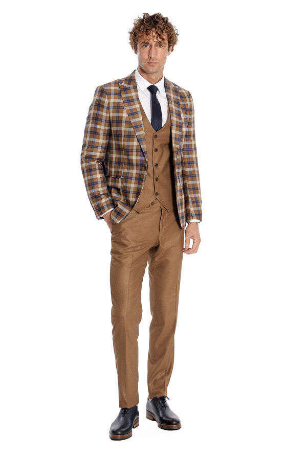 Checked Slim Fit Brown Men Suit  - Wessi