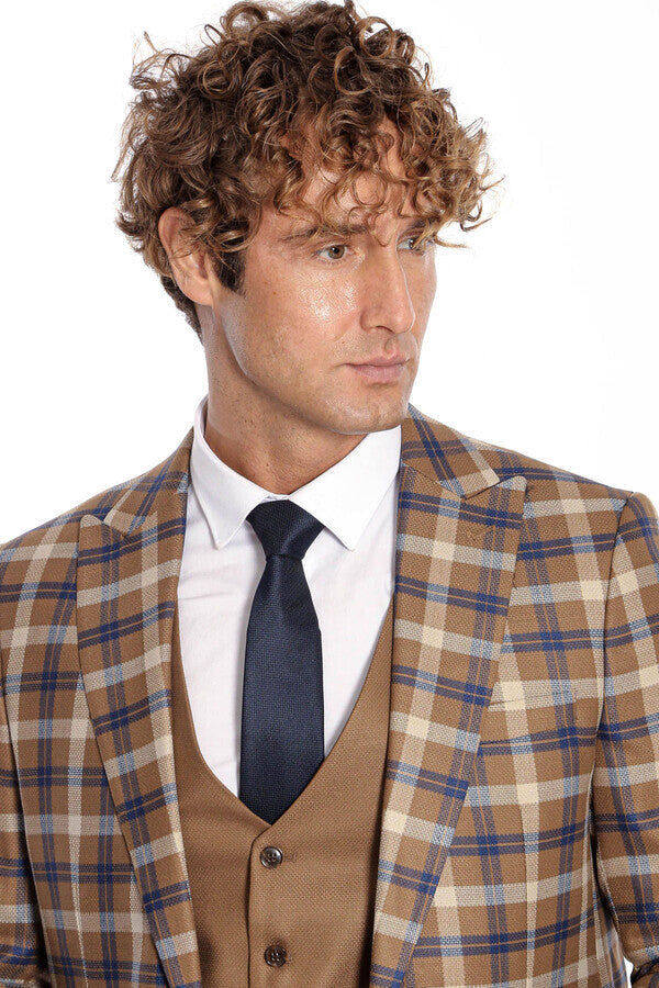 Checked Slim Fit Brown Men Suit  - Wessi