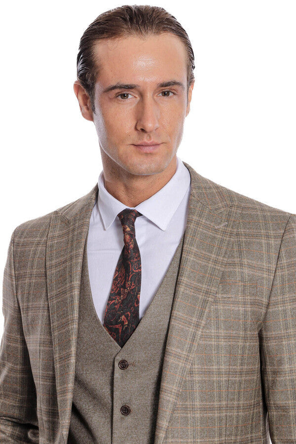 Checked Slim Fit Brown Men Suit - Wessi