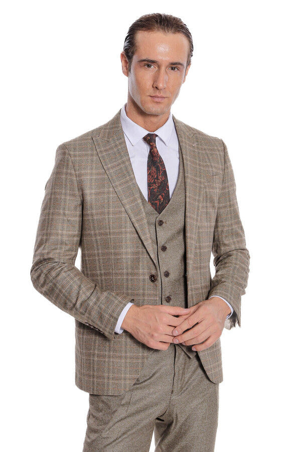 Checked Slim Fit Brown Men Suit - Wessi