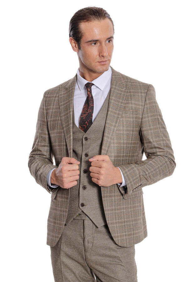 Checked Slim Fit Brown Men Suit - Wessi