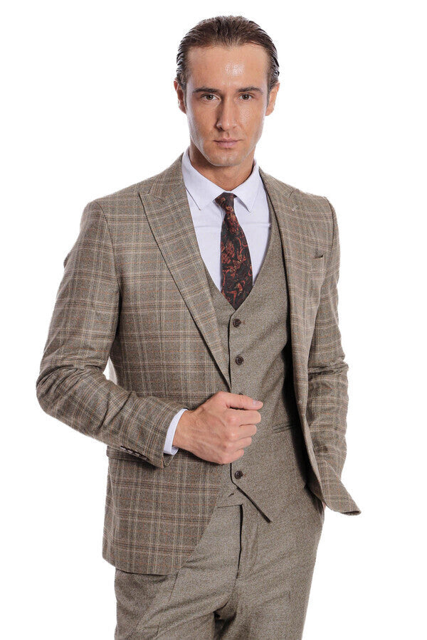 Checked Slim Fit Brown Men Suit - Wessi