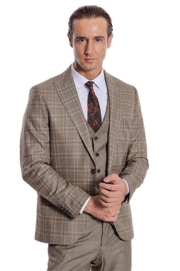 Checked Slim Fit Brown Men Suit - Wessi