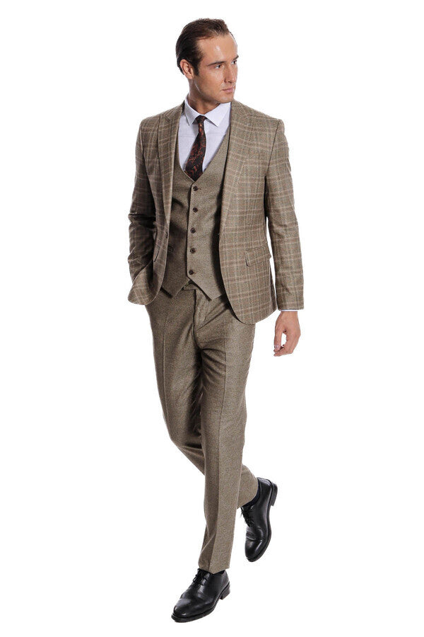 Checked Slim Fit Brown Men Suit - Wessi