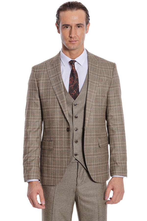 Checked Slim Fit Brown Men Suit - Wessi