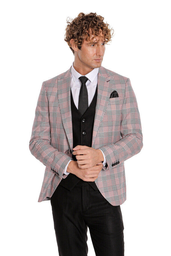 Checked Slim Fit Burgundy Men Suit - Wessi