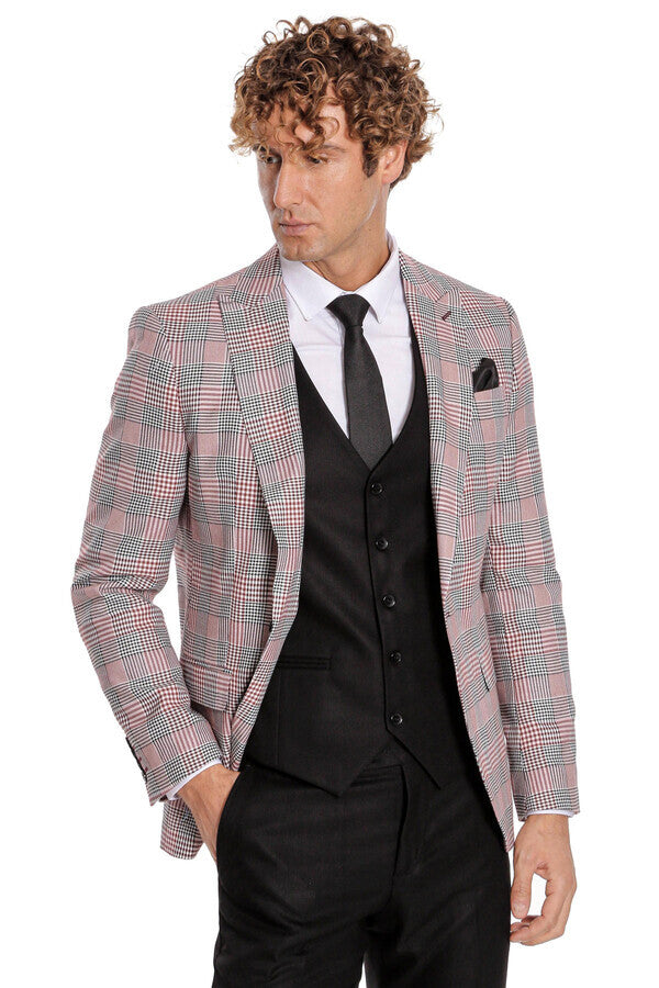 Checked Slim Fit Burgundy Men Suit - Wessi