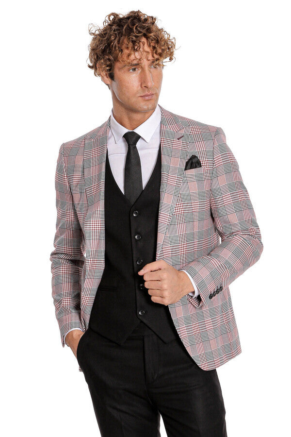 Checked Slim Fit Burgundy Men Suit - Wessi