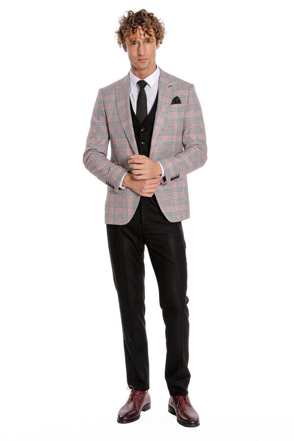 Checked Slim Fit Burgundy Men Suit - Wessi