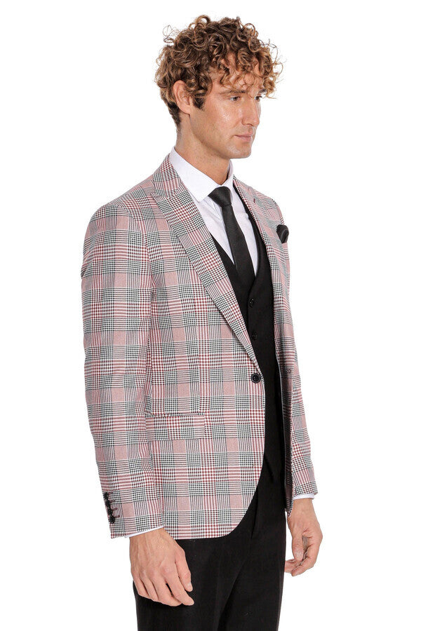 Checked Slim Fit Burgundy Men Suit - Wessi