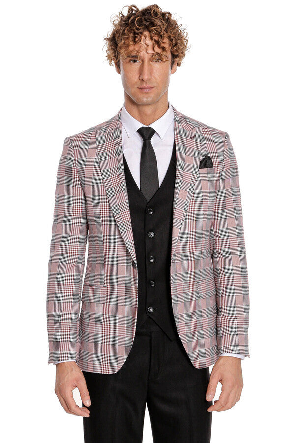 Checked Slim Fit Burgundy Men Suit - Wessi