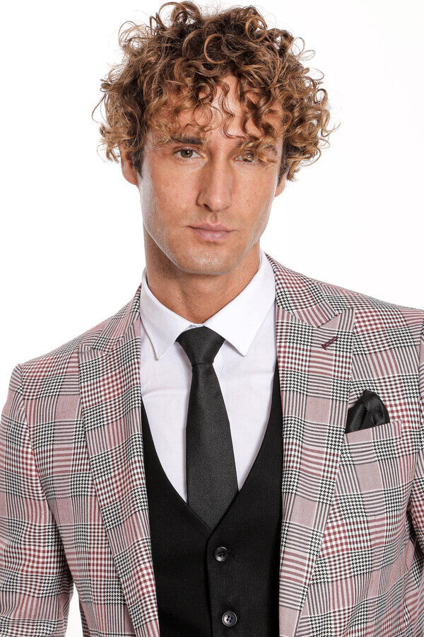 Checked Slim Fit Burgundy Men Suit - Wessi