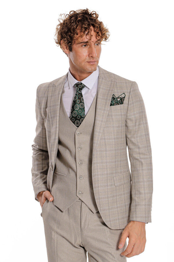 Checked Slim Fit Cream Men Suit - Wessi