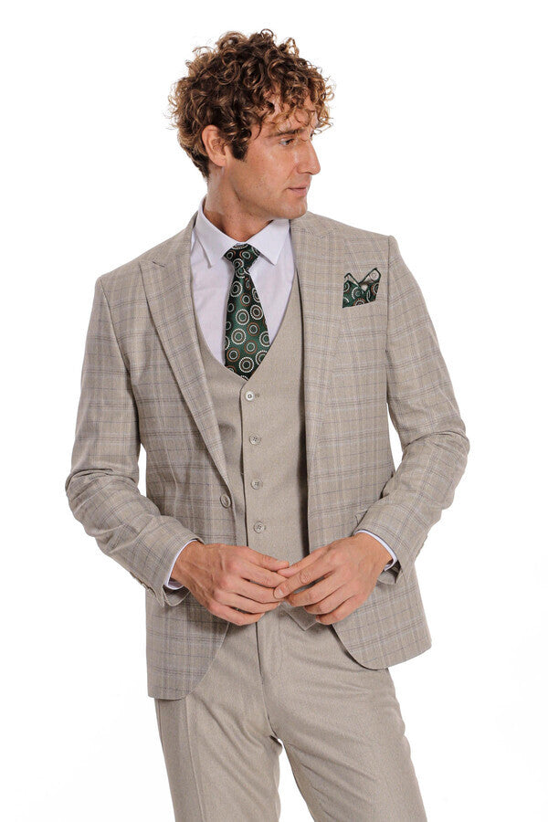 Checked Slim Fit Cream Men Suit - Wessi