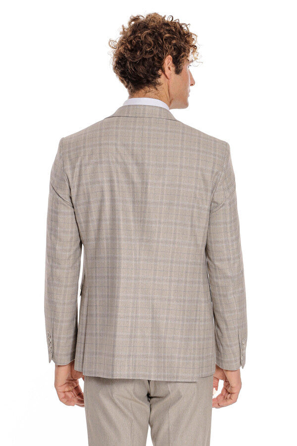 Checked Slim Fit Cream Men Suit - Wessi