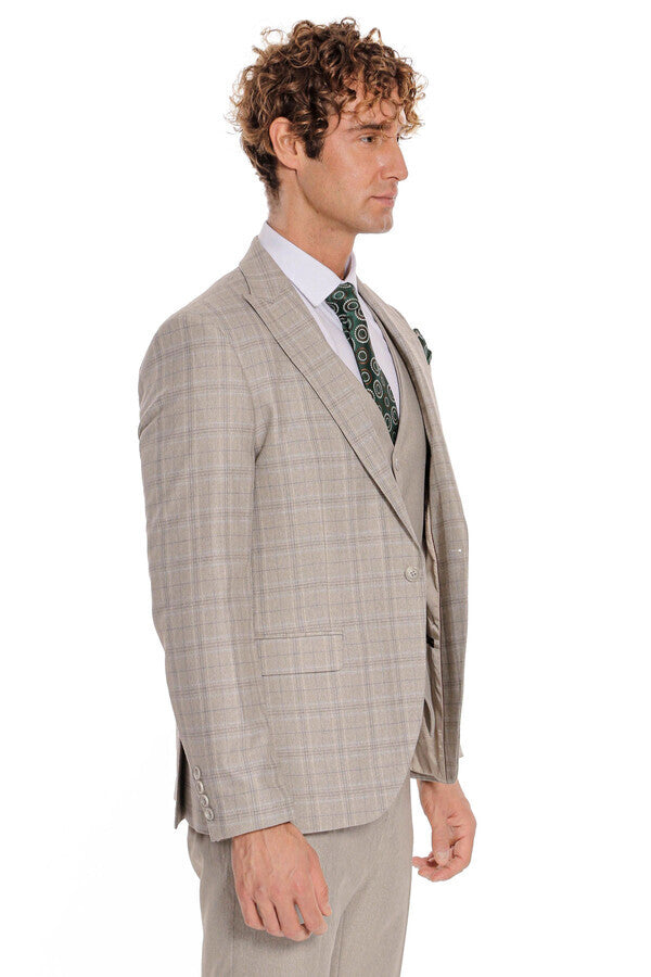 Checked Slim Fit Cream Men Suit - Wessi