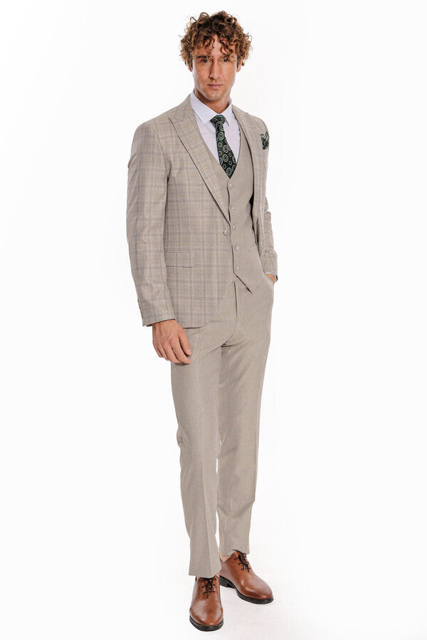 Checked Slim Fit Cream Men Suit - Wessi