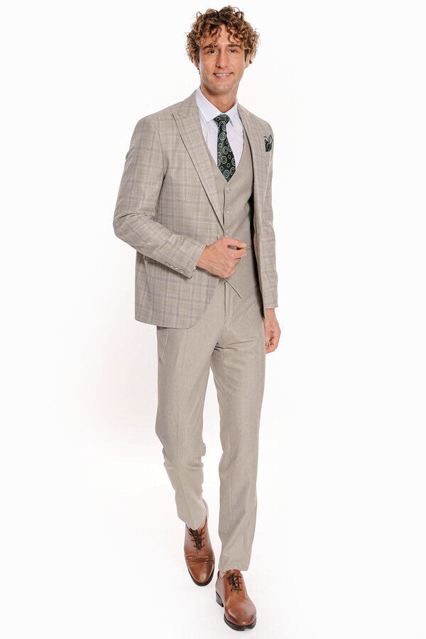 Checked Slim Fit Cream Men Suit - Wessi