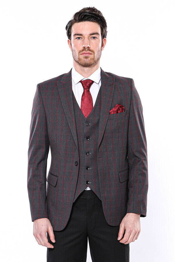 Checked Slim-Fit Dark Grey Men Blazer - Wessi