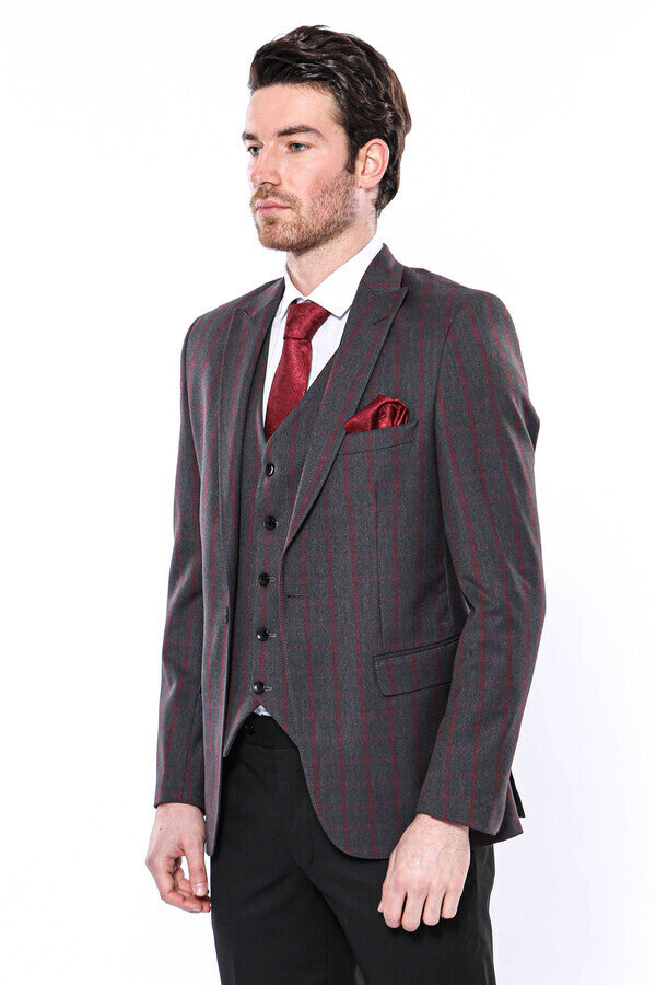 Checked Slim-Fit Dark Grey Men Blazer - Wessi