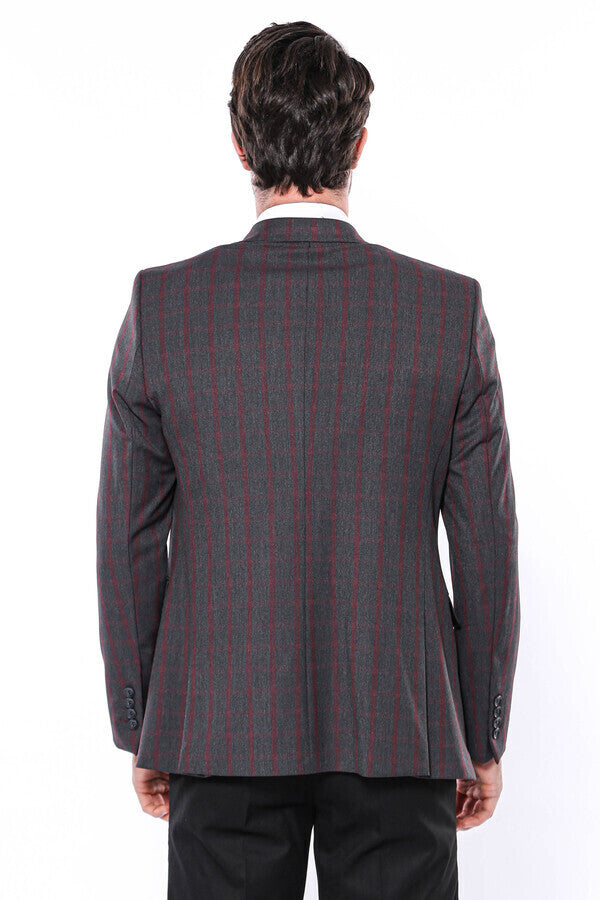 Checked Slim-Fit Dark Grey Men Blazer - Wessi