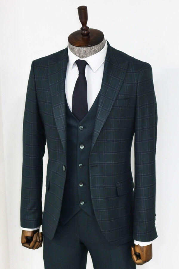 Checked Slim Fit Green Men Suit - Wessi