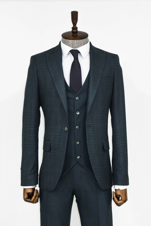 Checked Slim Fit Green Men Suit - Wessi