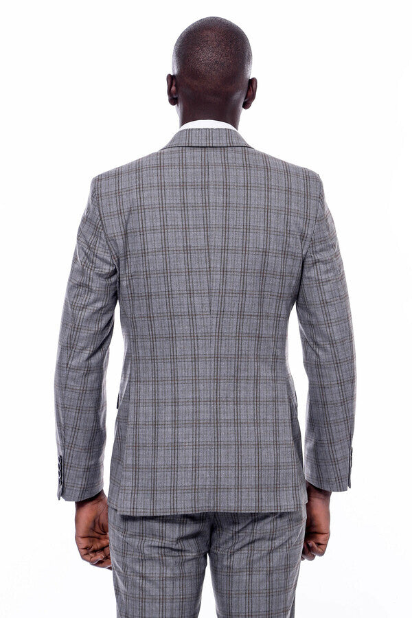 Checked Slim Fit Grey Men Suit - Wessi