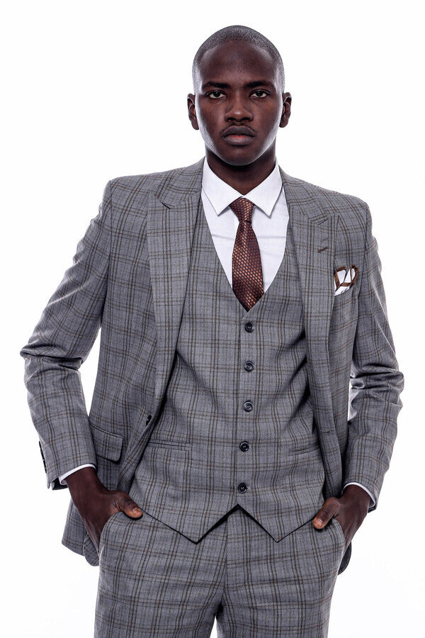 Checked Slim Fit Grey Men Suit - Wessi